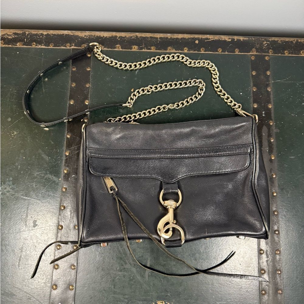 Rebecca Minkoff Crossbody Leather Purse Shoulder Bag Black Gold Chain
